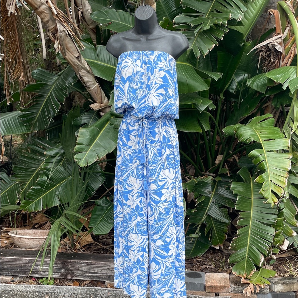Blue Island, tropical floral print strapless jumpsuit